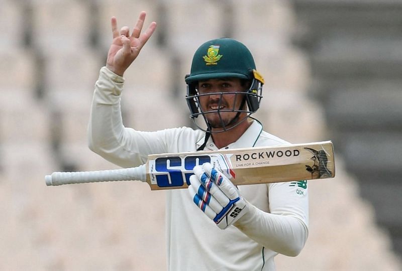 Quinton de Kock makes a hand gesture after completing his sixth Test ton. Pic: CSA/ Twitter