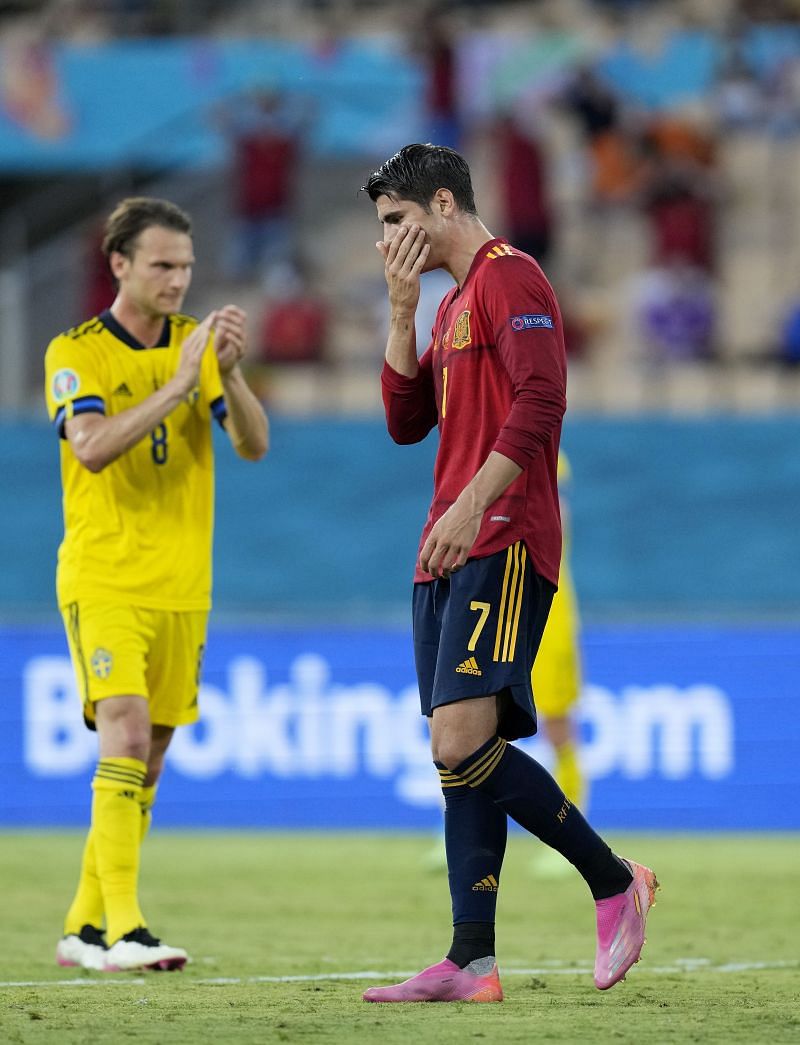 Alvaro Morata reacts after missing a good chance to put Spain ahead against Sweden