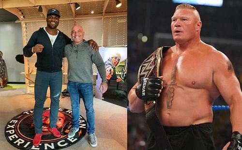 Francis Ngannou (left); Joe Rogan (center); Brock Lesnar (right)