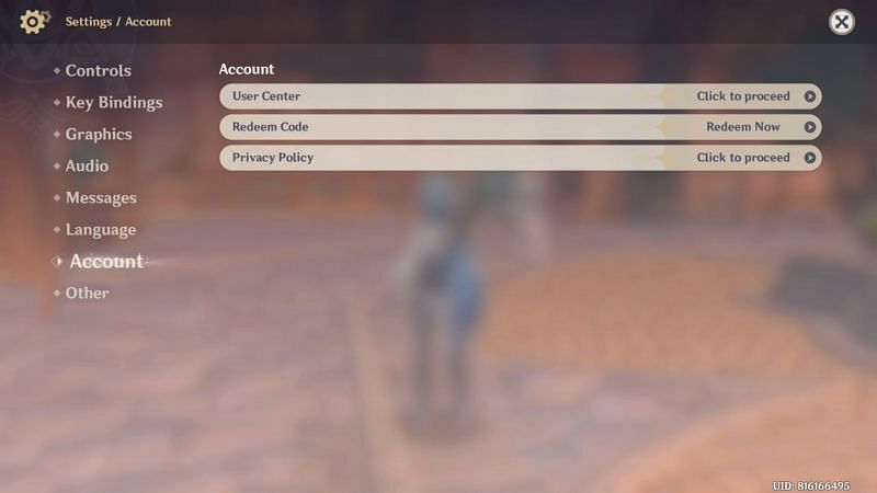 Account tab in Settings menu (Image via Genshin Impact)