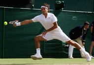 Roger Federer in action against Rafael Nadal at the 2008 Wimbledon final
