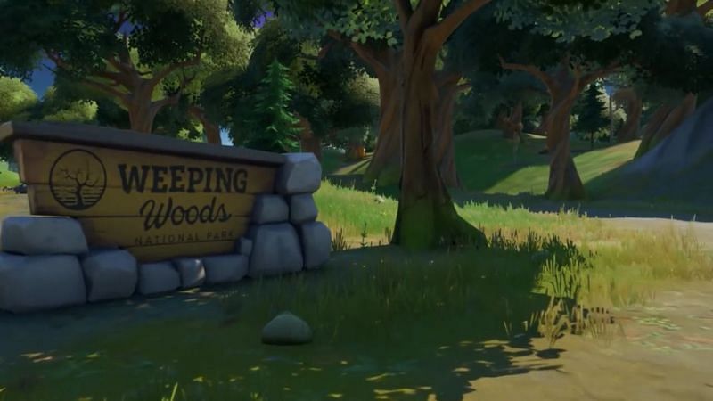 Weeping Woods POI in Fortnite. Image via Upcomer