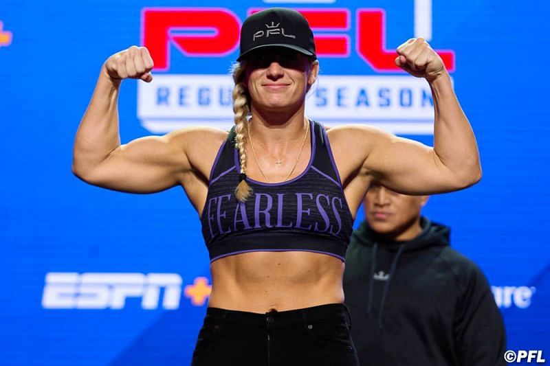 Kayla Harrison at the PFL 6 ceremonial weigh-ins [Image Credit: Cooper Neill / PFL]
