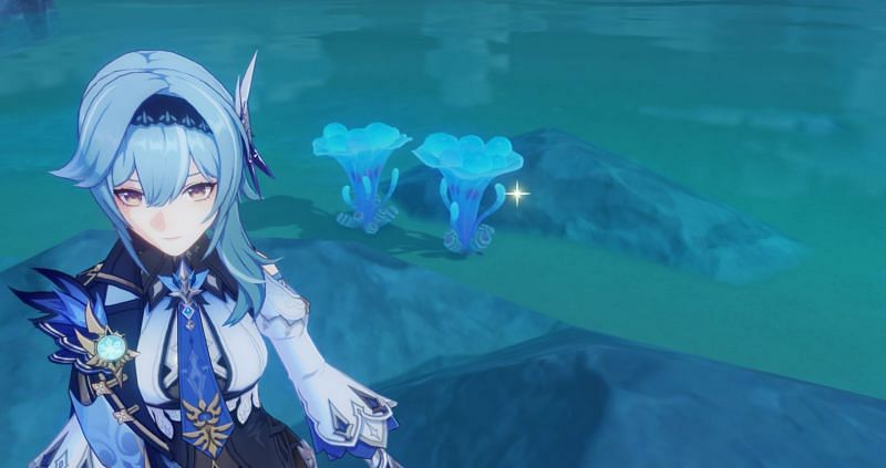 Eula standing next to some Sea Ganodermas in Genshin Impact 