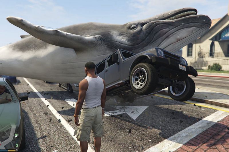 A player summoning a whale in the middle of a busy street (Image via GTA5-mods.com)
