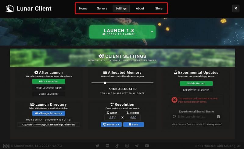 This page allows players to adjust how much ram the Minecraft client will use