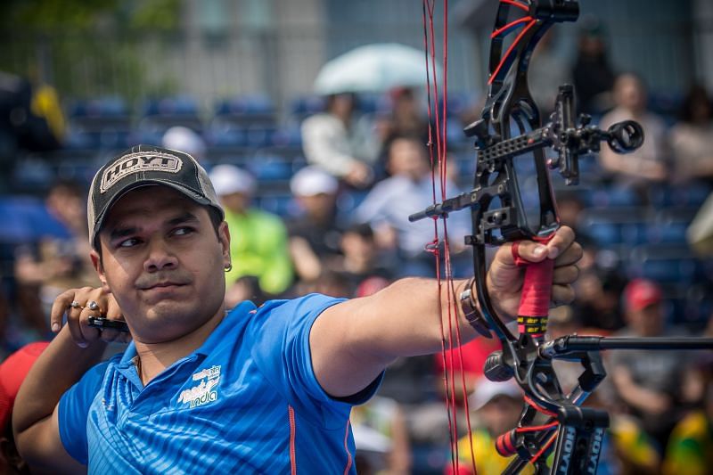 Abhishek Verma in action during the 2018 Archery World Cup