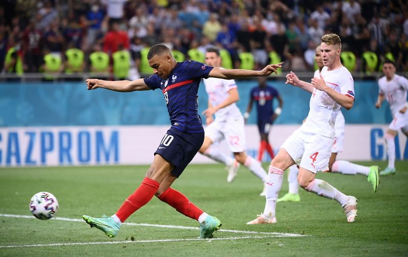 France&#039;s Kylian Mbappe in action during the match against Switzerland