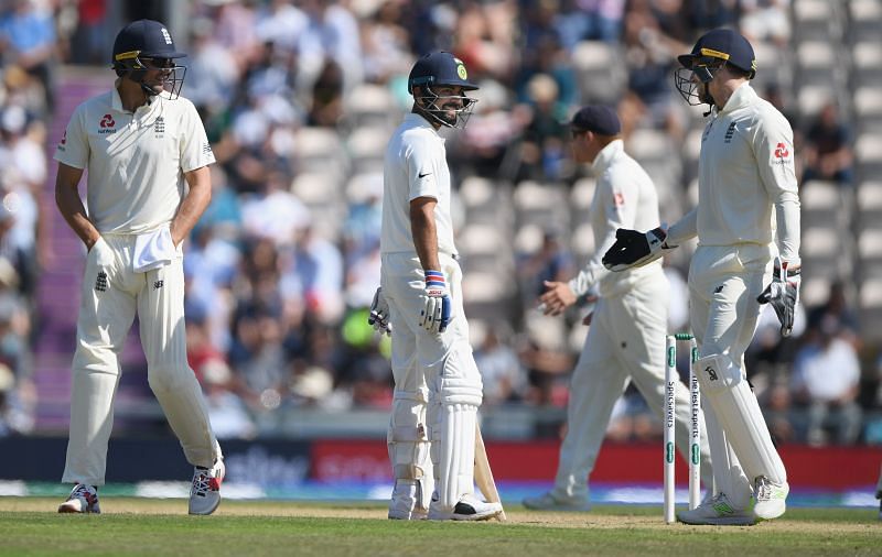 Indian skipper Virat Kohli (centre) during India&#039;s Test against England at the Ageas Bowl in 2018