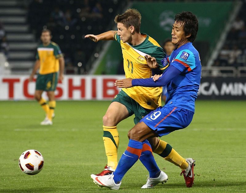 Gouramangi Singh of the Indian Football Team in action against Australia in the 2011 AFC Asian Cup (Photo by Robert Cianflone/Getty Images)