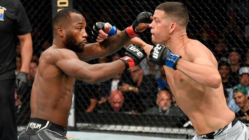 Leon Edwards (left) was almost finished by Nate Diaz (right) in the fifth and final round of their fight.