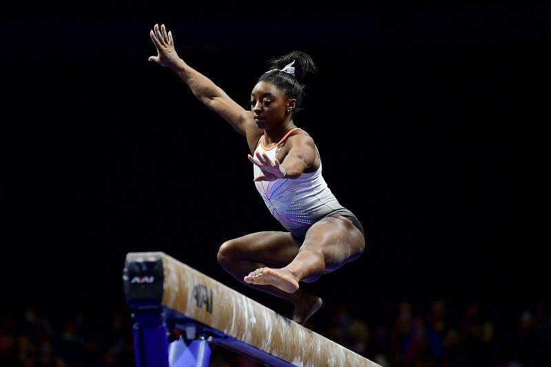 Simone Biles in action at the 2021 GK U.S. Classic gymnastics competition (Photo by Emilee Chinn/Getty Images)