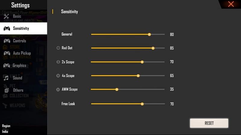 Sensitivity settings in Free Fire