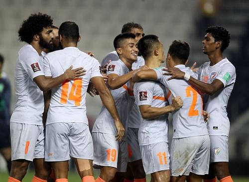 India celebrate their second goal against Bangladesh. (Pic Courtesy: AIFF)