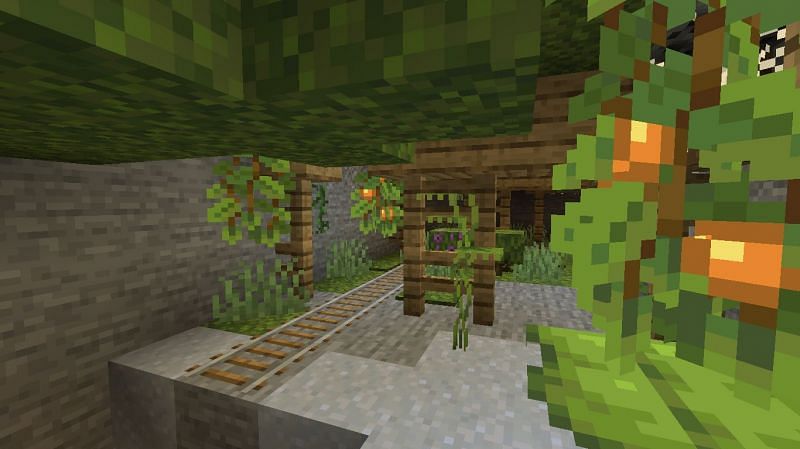 Mineshaft in a lush cave (Image via Minecraft)