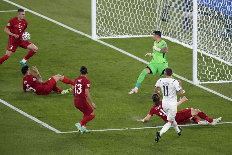 Berardi&#039;s cross resulted in a Merih Demiral own-goal. (Photo by Andrew Medichini - Pool/Getty Images)