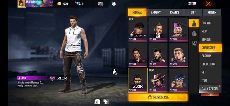 Both characters in the store section of Free Fire