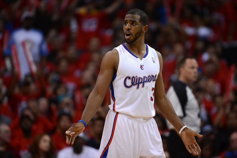 Chris Paul (#3) of the LA Clippers reacts in the third quarter while taking on the San Antonio Spurs in Game Four of the Western Conference Semifinals in the 2012 NBA Playoffs.