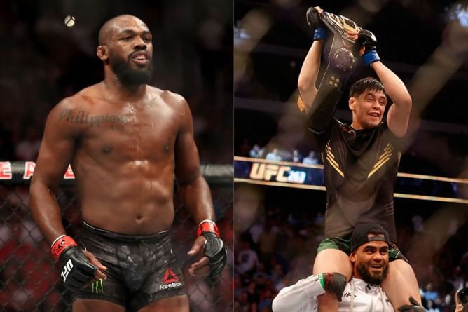 Jon Jones reacts to Brandon Moreno winning the flyweight title at UFC 263