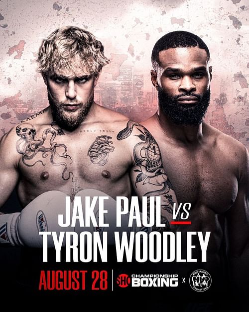 The official poster for Jake Paul (left) vs. Tyron Woodley (right)