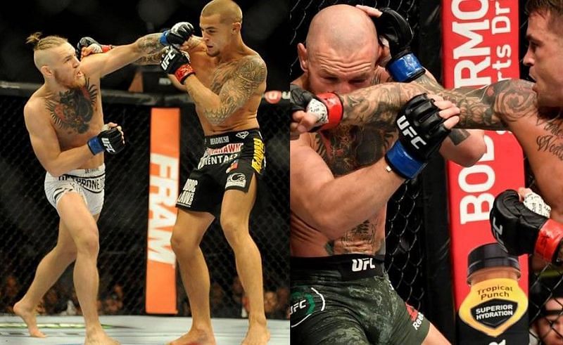Conor McGregor vs. Dustin Poirier at UFC 178 (left) and at UFC 257 (right)