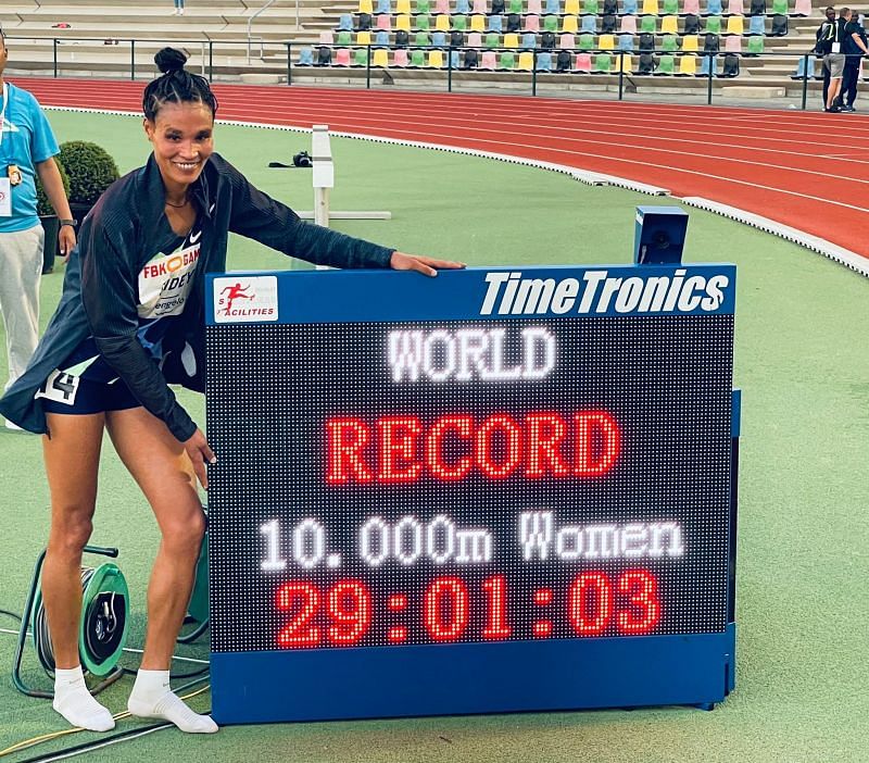 Letesenbet Gidey after breaking the world record in women&#039;s 10,000m. PC: Twitter