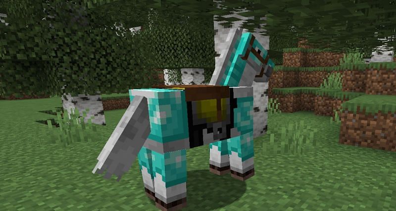 A horse in Minecraft wearing diamond armor