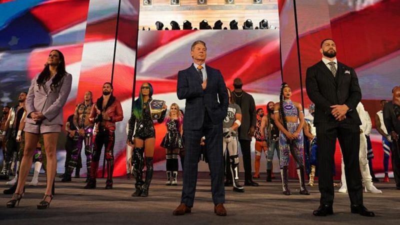 Vince McMahon with the WWE roster at WrestleMania 37