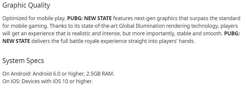 System requirements of PUBG New State Mobile (Image via Reddit /r/PUBGNEWSTATE)