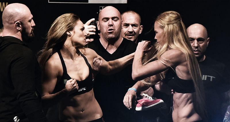 Ronda Rousey (Left) and Holly Holm (Right) during UFC 193 weigh-in face-off