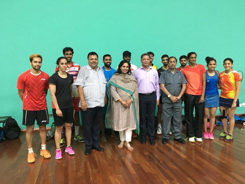 BAI general secretary Ajay Kumar Singhania with the Indian badminton players