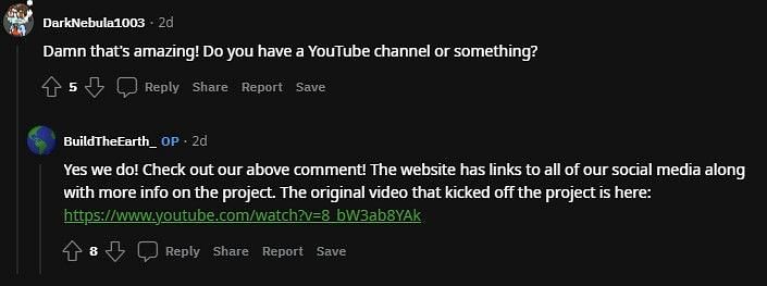 BuildTheEarth linking their channel (Image via Reddit)