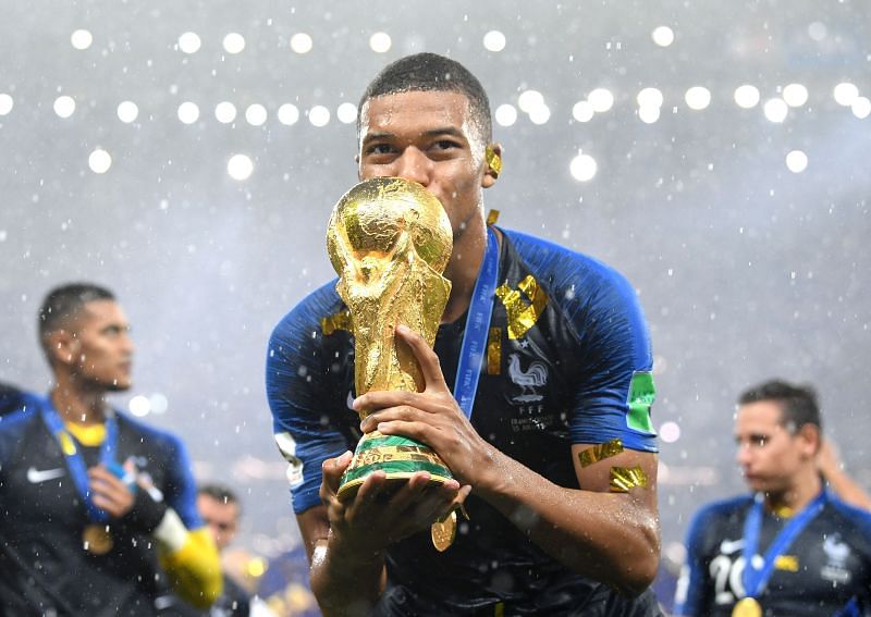 Kylian Mbappe celebrates after winning the 2018 FIFA World Cup with France