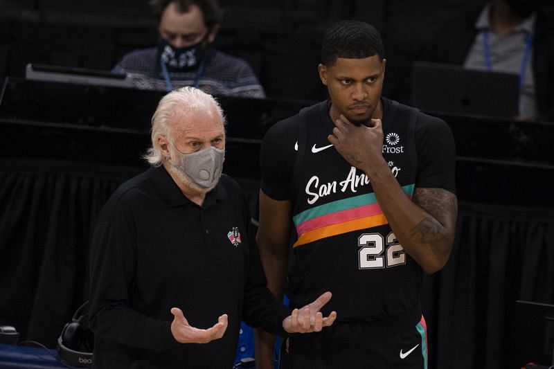 San Antonio Spurs veteran Rudy Gay with coach Gregg Popovich