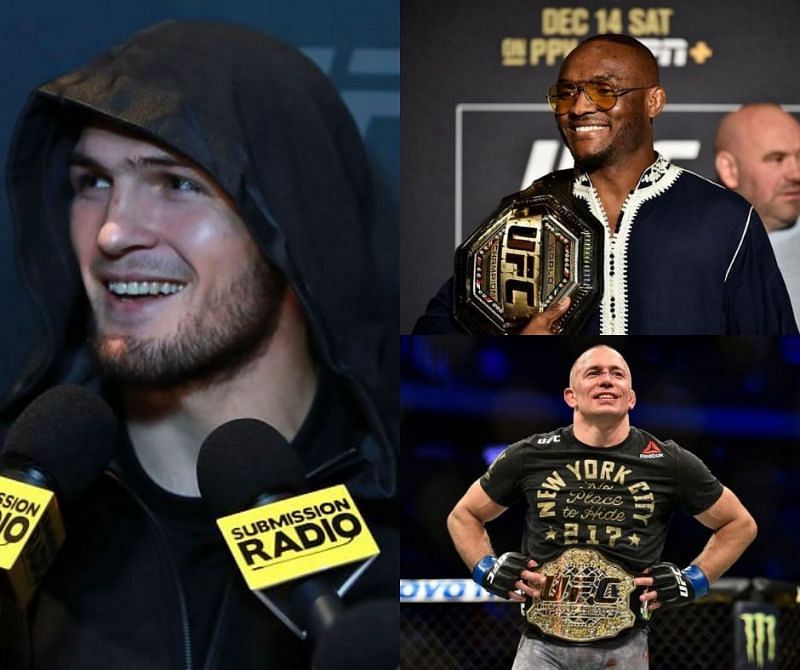 Khabib Nurmagomedov (left) predicts the outcome of a potential fight between Kamaru Usman (top right) and GSP (bottom right)