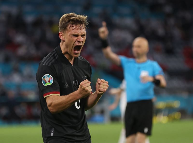 Joshua Kimmich celebrates Germany&#039;s second goal of the night against Hungary
