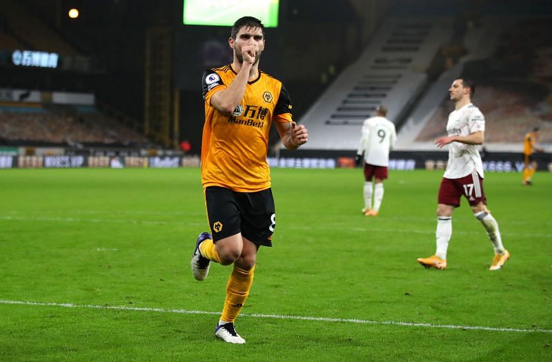 Ruben Neves celebrates after scoring against Arsenal in the Premier League