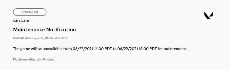 The maintenance notification for Valorant (Screengrab via Riot Games)