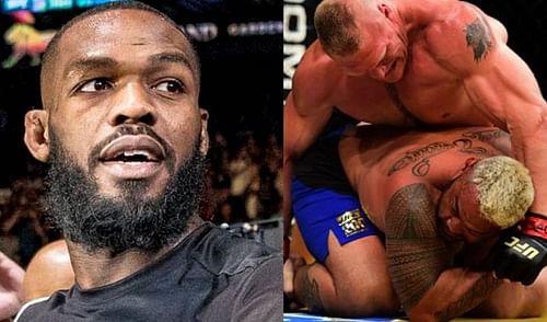 Jon Jones (left); Brock Lesnar vs. Mark Hunt (right)