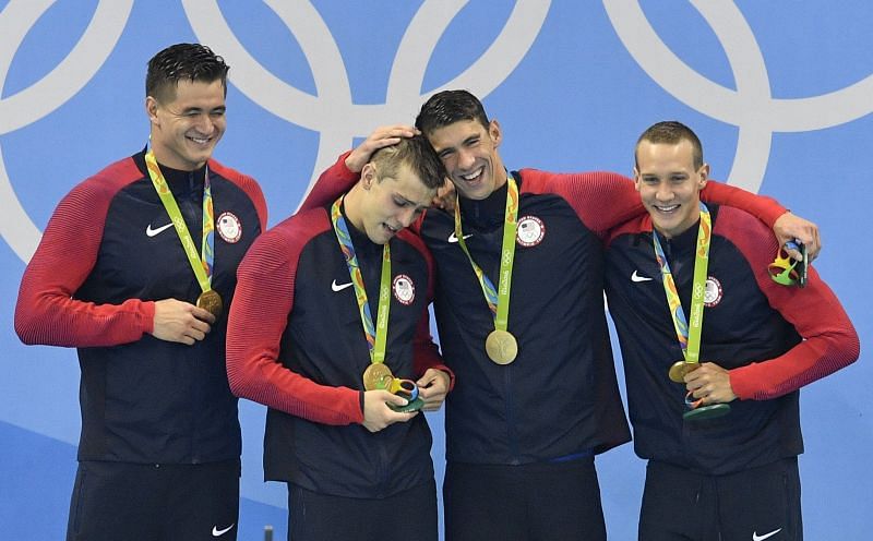Gold medal winners of men&#039;s 4x100m freestyle relay team at Rio Olympics