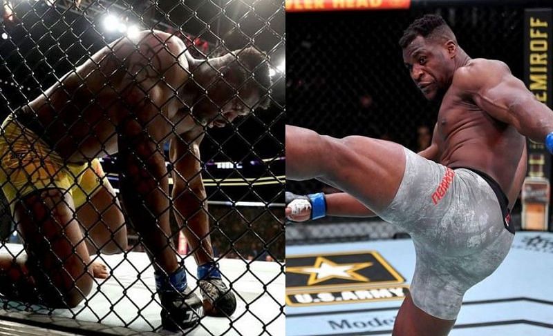 Francis Ngannou at UFC 220 (left) and UFC 260 (right)