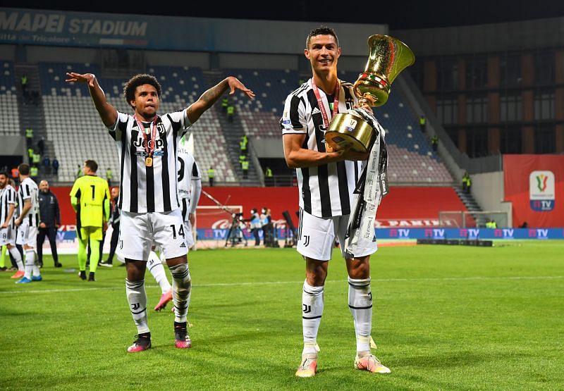 Cristiano Ronaldo celebrates winning the 2020-21 Coppa Italia. (Photo by Claudio Villa/Getty Images for Lega Serie A)