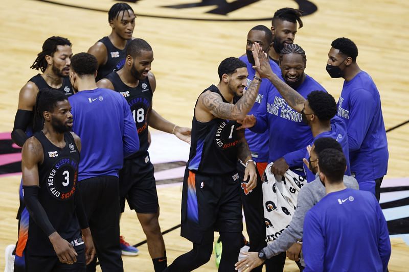 Obi Toppin (#1) of the New York Knicks celebrates with teammates.