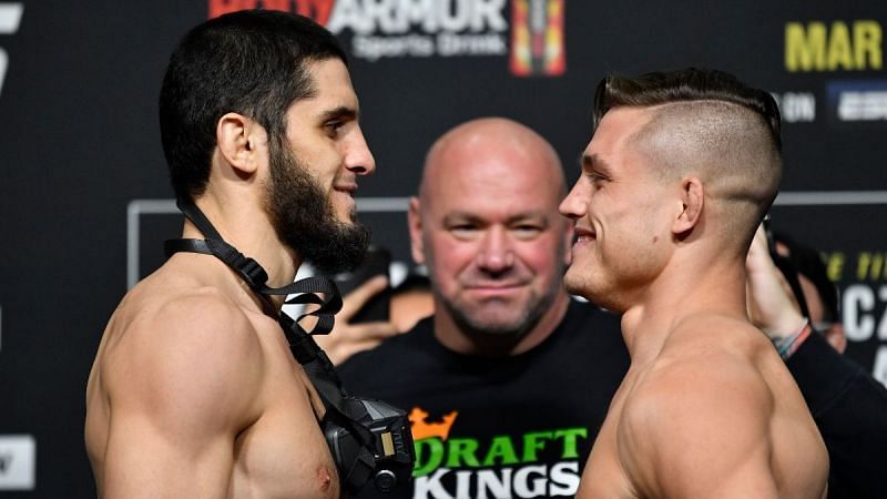 Islam Makhachev (left) and Drew Dober (right)