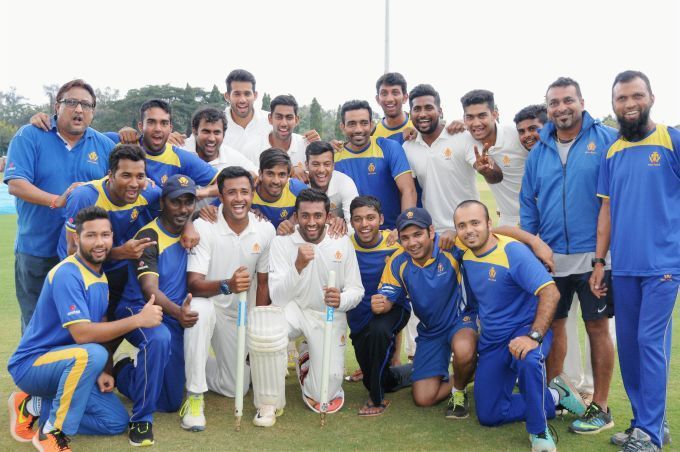 Jagadeesha Suchith celebrating his win with Karnataka. He scored 41 runs and took six wickets.