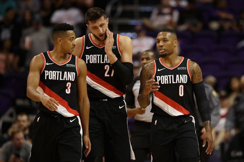 Portland Trail Blazers players look on during their game against the Phoenix Suns