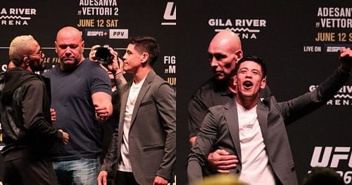 Deiveson Figueiredo and Brandon Moreno face-off (left); Moreno smiles after the altercation (right) [Image Credits: Alex Behunin / Cageside Press]