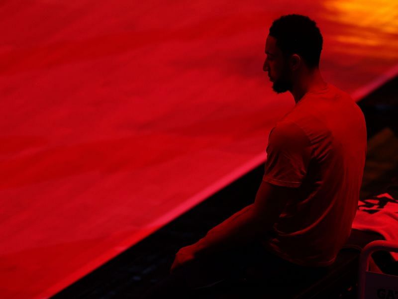 Ben Simmons (#25) sits during player introductions.