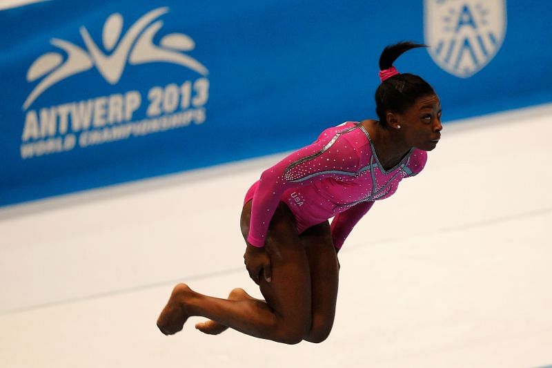 Simone Biles in action at the 2013 World Championships Floor Exercises event(Photo by Dean Mouhtaropoulos/Getty Images)