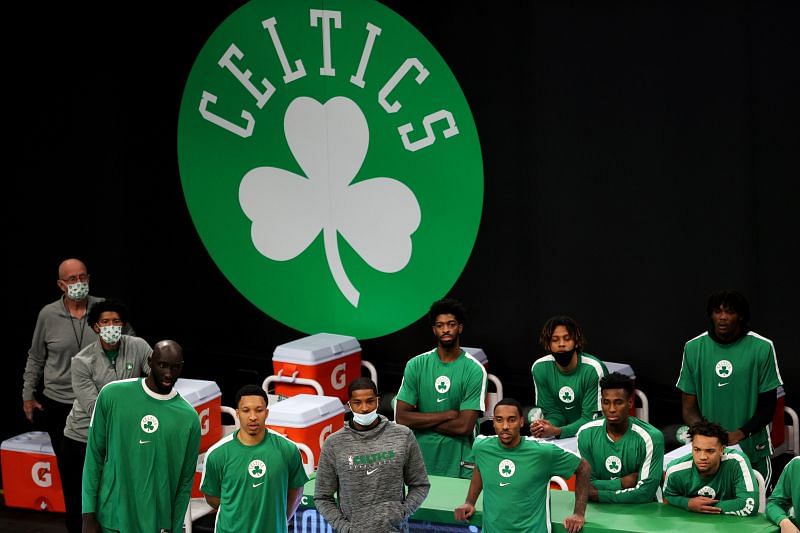 Members of the Boston Celtics squ